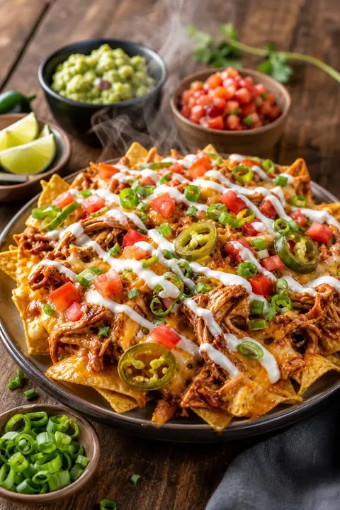 Nachos gratinados com queijo, guacamole e pico de gallo